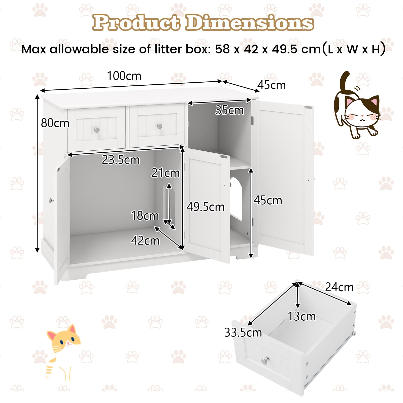 SOARS Maison de Toilette Chat, Mobile per Lettiera per Gatti con 2 Cassetti, 3 Ante e Ingresso Laterale e Dispositivo Anti-Rovesciamento, per Interni, 100 X 45 X 80 CM, Bianco