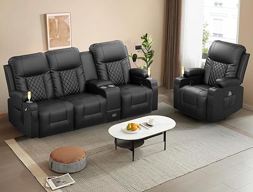 Miniatura 1 de YONISEE Moderno juego de sofá reclinable, sofá de 3 asientos y 1 silla reclinable giratoria con calor y masaje para sala de estar (3+1)