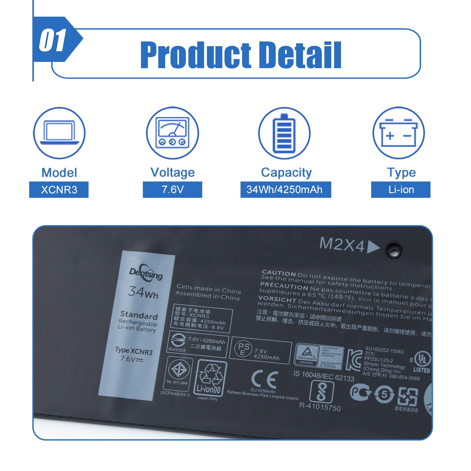 Dentsing XCNR3 Battery Replace for Dell Latitude 13 7370 Ultrabook Series 0XCNR3 WY7CG WV7CG 0WV7CG 7.6V 34Wh/4250mAh 4-Cells
