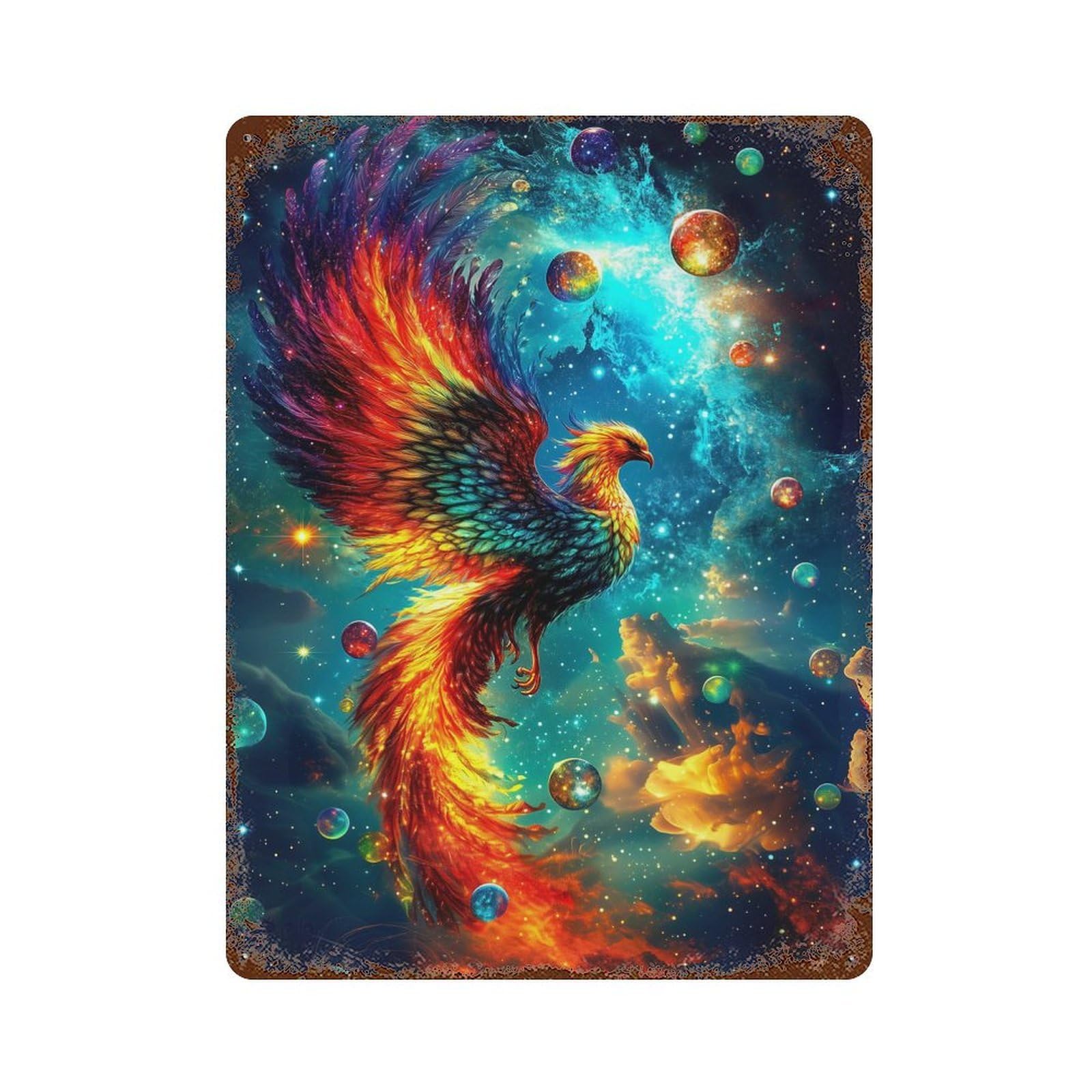 Galaxy Space Phoenix Rust Effect Tin Sign 15.7"x11.8", Rustic Home Decor for Cafe, Home Bar And Lounge Decor