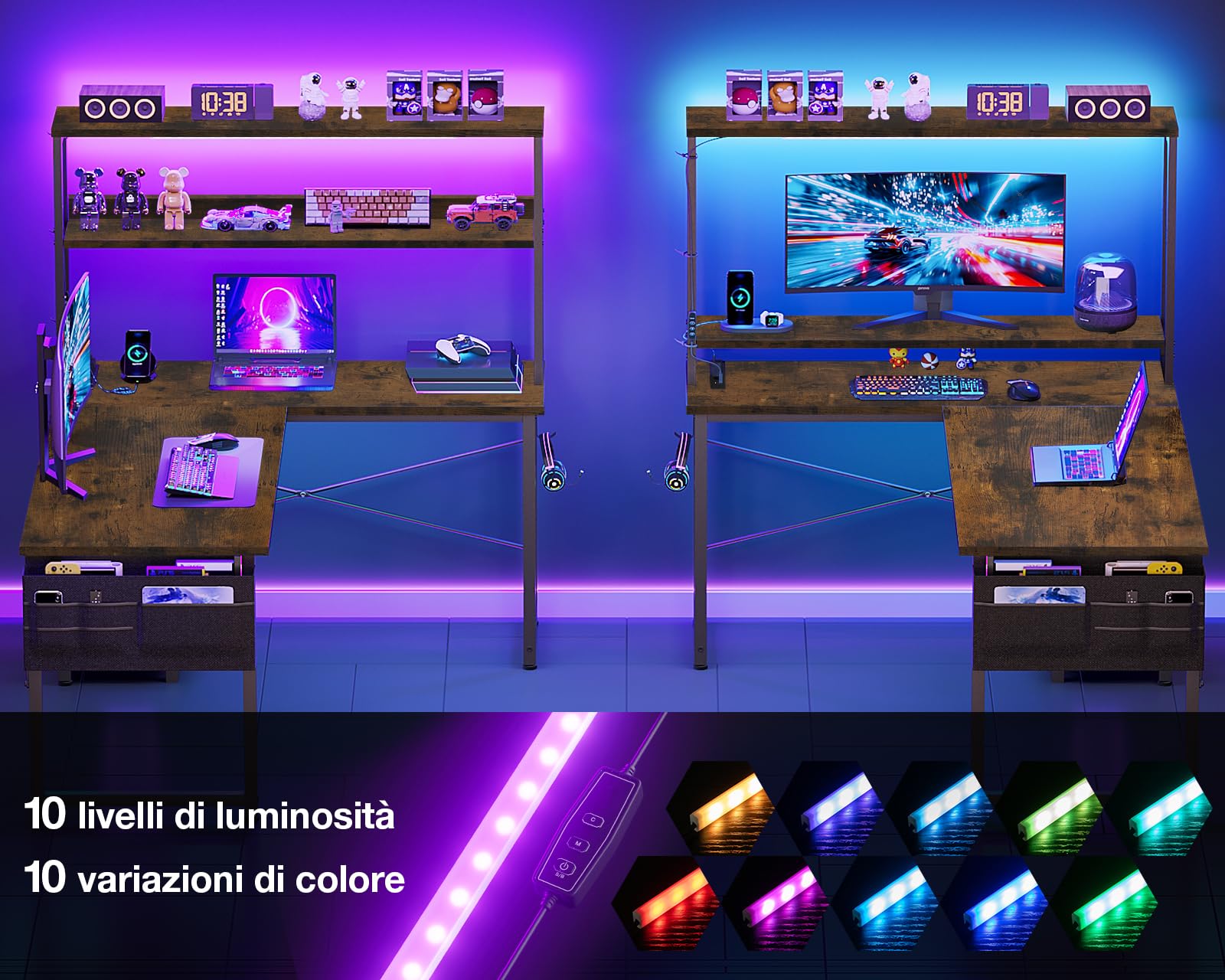 Coleshome Scrivania Gaming con LED e Prese, 110 × 80 cm Scrivania Gaming Angolare Reversibile con Scaffali Portaoggetti, Tavolo Angolare con Borsa Portaoggetti per Giocatori, Marrone Vintage