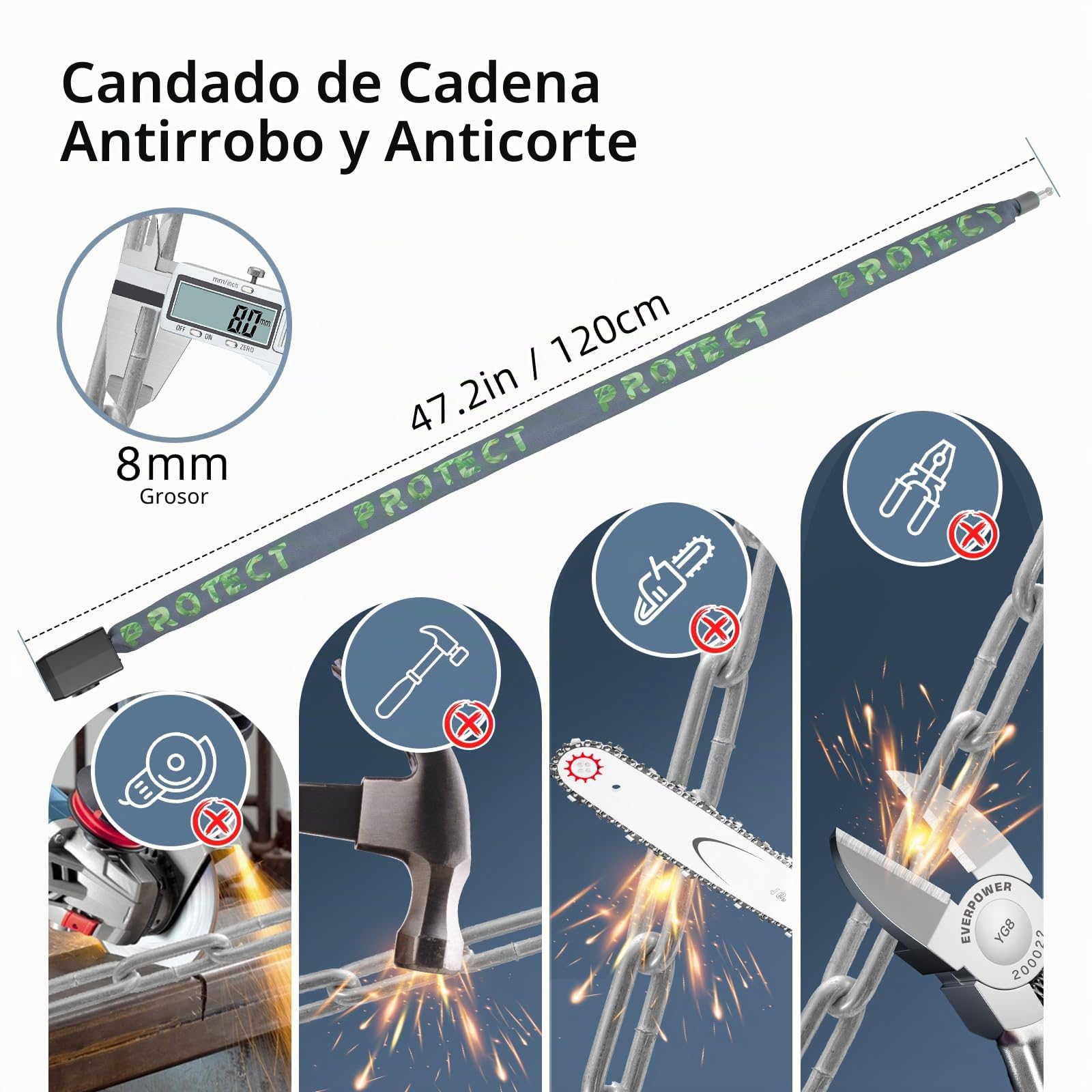 Candado de Bicicleta de 120cm con Alarma de 110dB, Candado de Cadena Antirrobo para Bicicleta Eléctrica, 8mm de Grosor, 2 Mandos a Distancia, 3 Llaves, Cable USB C