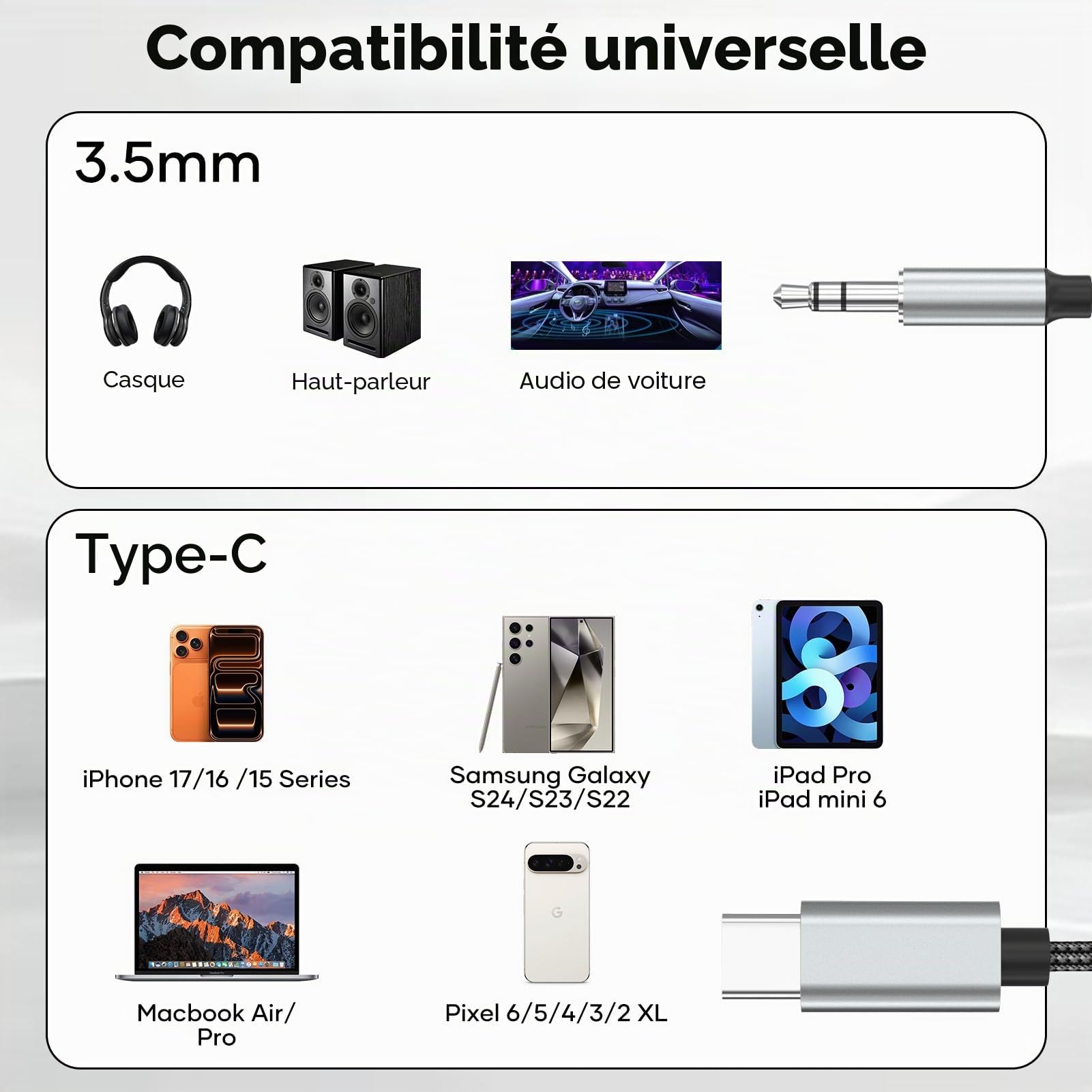 Câble USB C vers Jack 1.5M,USB C vers Auxiliaire Prise Jack 3,5mm,Adaptateur USBC Jack 3.5mm Compatible avec iPhone 17 Air Pro Max/16/15,Samsung Galaxy,S25/S24/S23 Ultra,iPad,Huawei P40/Mate40