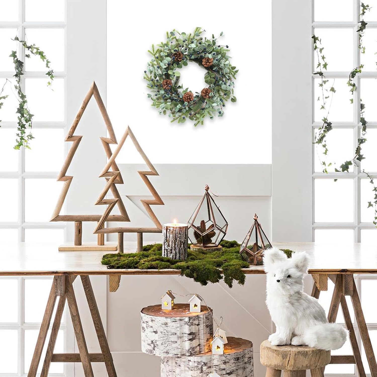 Idyllic Eucalyptus Wreath for Front Door,20" Blue Berries Christmas Wreath with Pine Cones, Decorations for Everyday Farmhouse Window Outdoor/Indoor