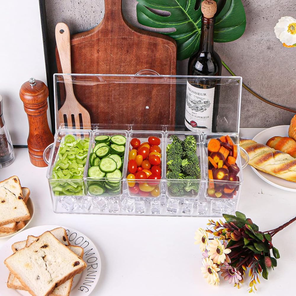 LucaSng Contenitori per condimenti con coperchio, vassoio per ghiaccio, organizer per condimenti, contenitore refrigerato, supporto per guarnire il ghiaccio, dispenser, piatto da insalata per feste e