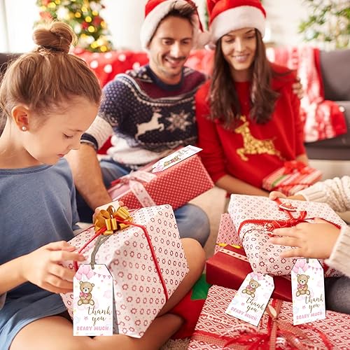 Miniatura 6 de Etiquetas de agradecimiento con texto en inglés "Bear Thank You", 50 unidades de etiquetas de regalo rosas con cuerda para baby shower, regalo de
