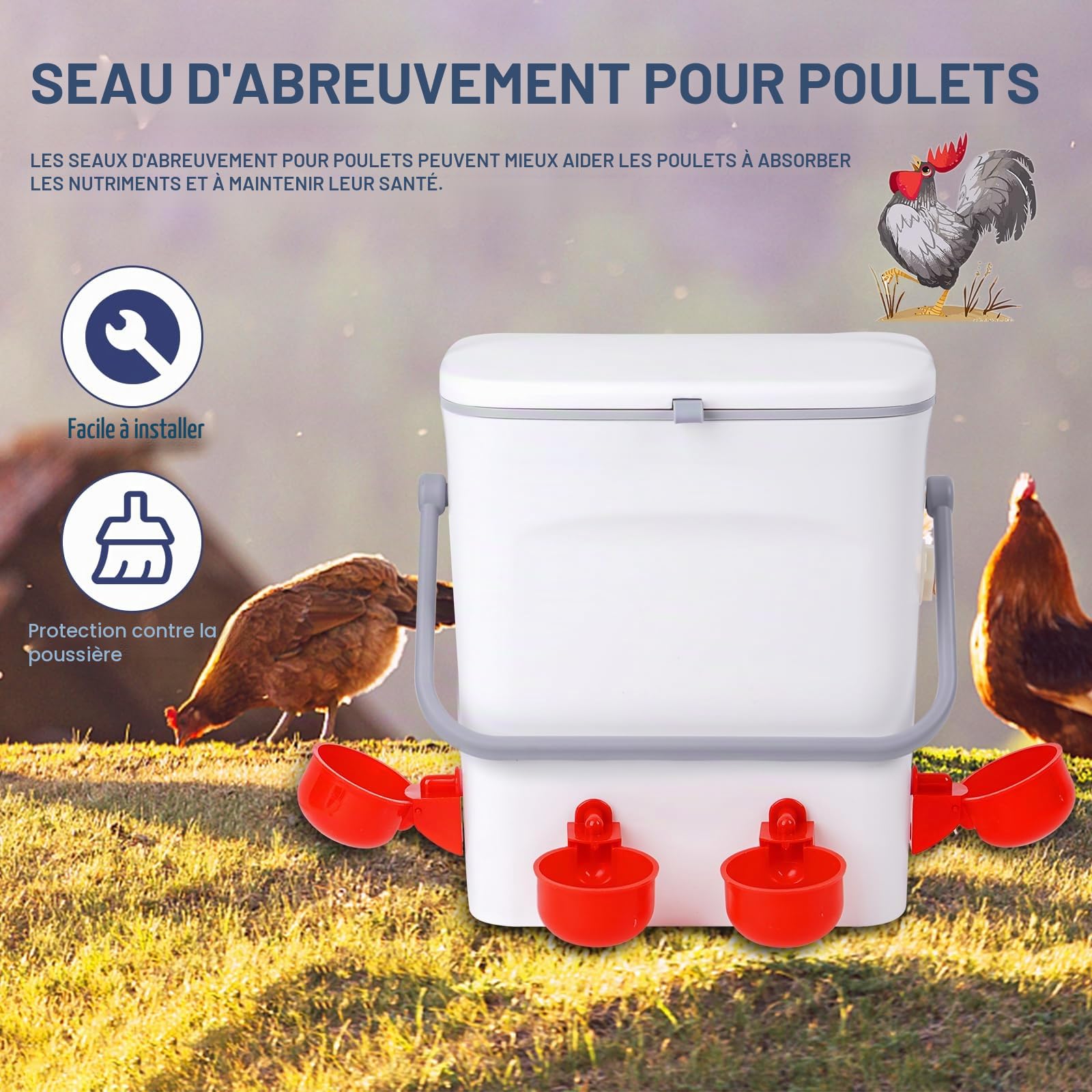 Volaille Automatique Abreuvoir 9L Distributeur Eau Poulet avec 4 pcs Abreuvoir Poule 100cm Tuyau Tressé Vanne à Bille RéGlable Abreuvoir pour Poussins Canards Oies Dindes Lapins Volailles