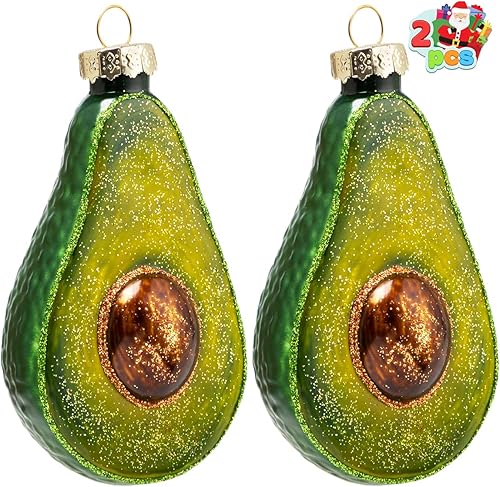Joiedomi 2 adornos de aguacate, adorno de guacamole soplado de vidrio verde con purpurina para colgar decoración de árbol de Navidad, adornos de