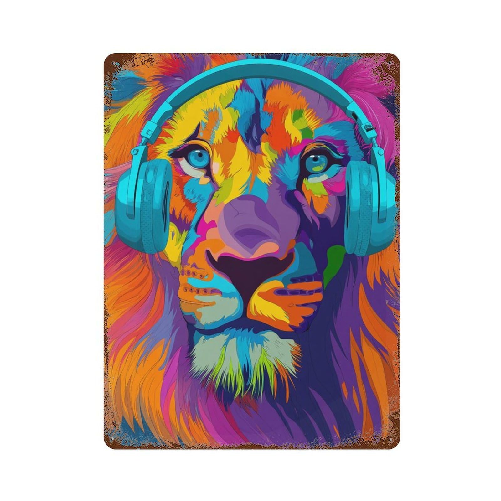 Colorful Lion Headphones Art Rust Effect Tin Sign 15.7"x11.8", Farmhouse Wall Decor for Living Room, Hallway And Home Decor