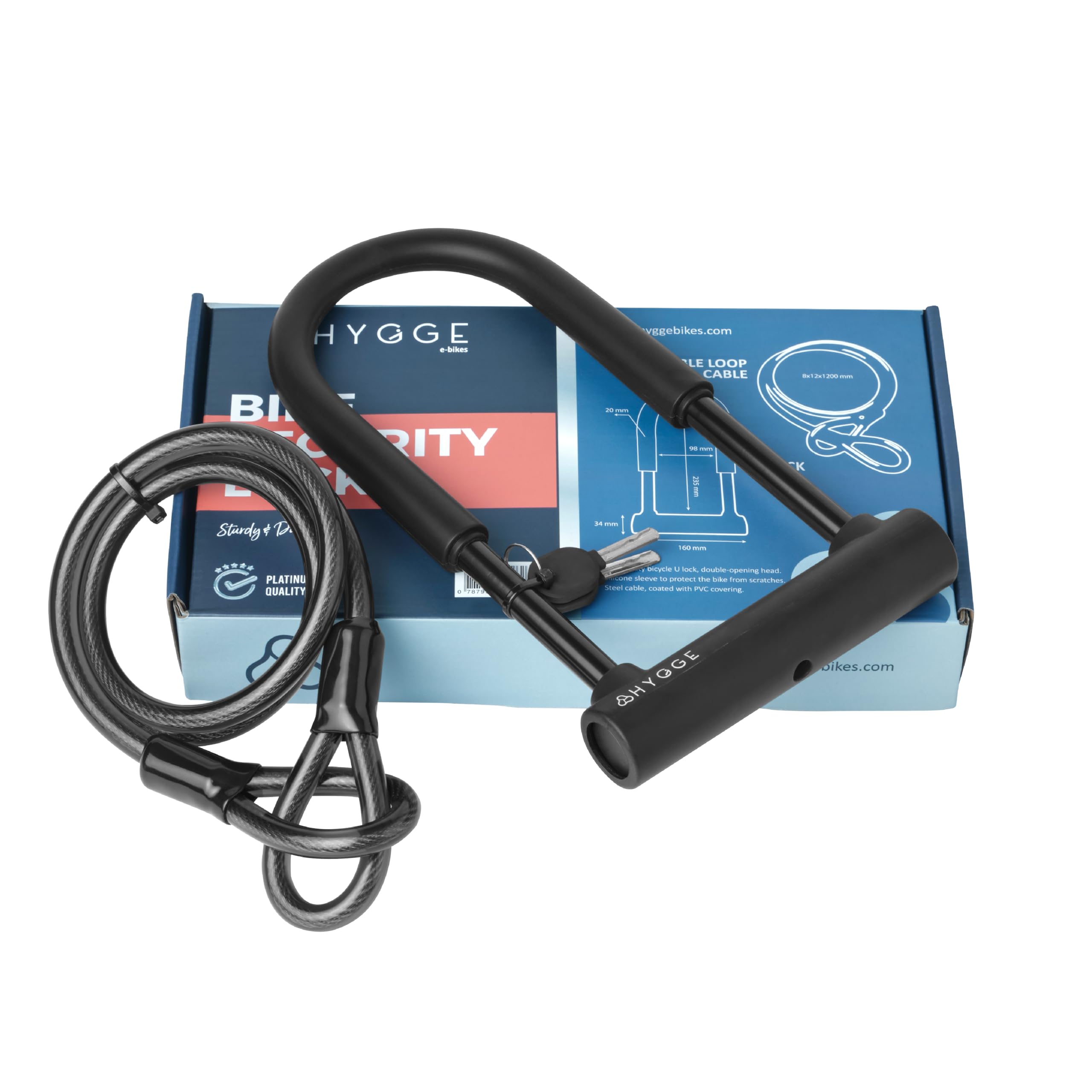 Hygge Lucchetto antifurto a U da 20 mm, cavo in acciaio resistente da 1,2 m, con 2 chiavi ad alta sicurezza per bicicletta, bici elettrica e mountain bike