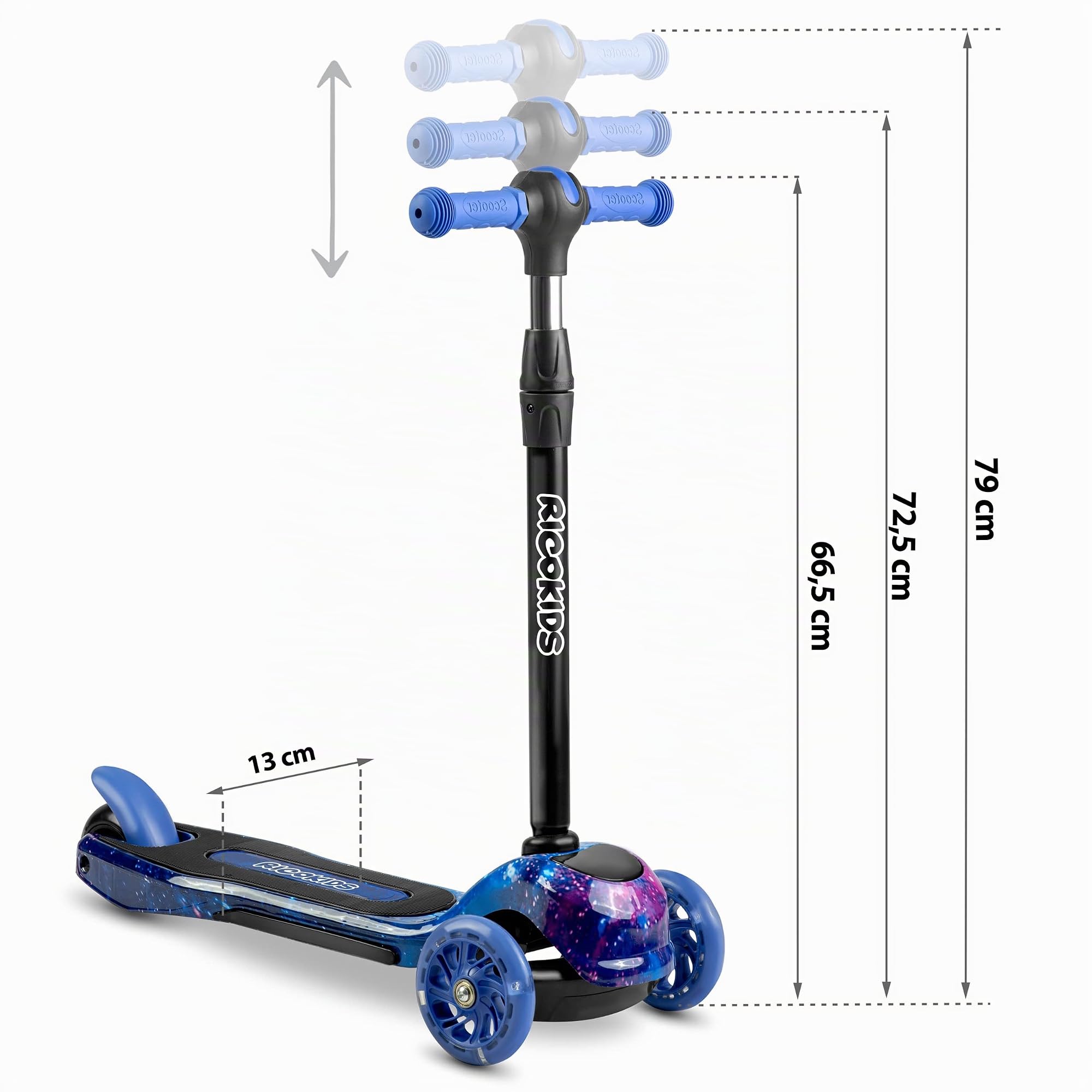 Monopattino per bambini a tre ruote con illuminazione a LED, bilanciato, pieghevole, blu, nero, Piko