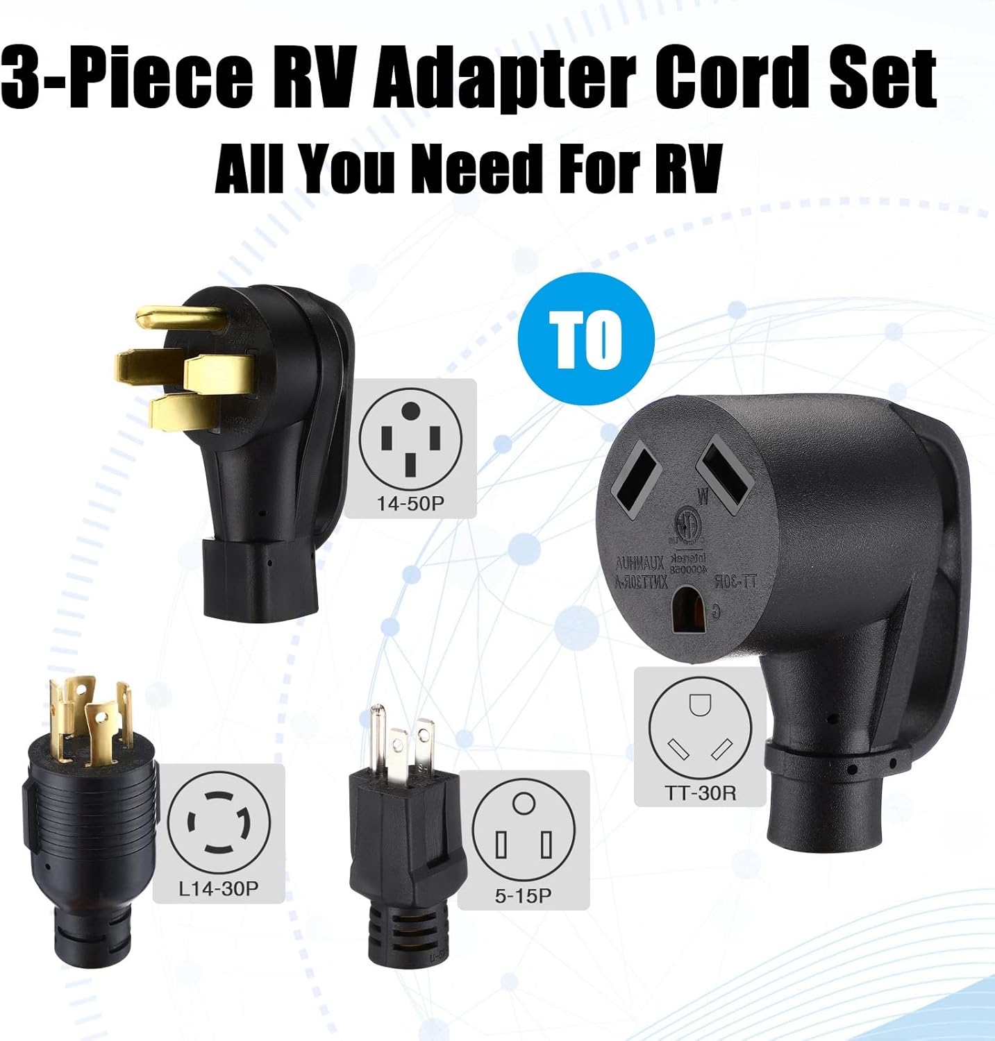 Kanayu 3 Pcs RV Generator Adapter Cord Kit, 14-50P/5-15P/L14-30P to TT-30R, 50A to 30A, 30A to 110V, 30Amp Plug Adapter for Camper Trailer Generator to RV Charging, STW 10 AWG, ETL Listed