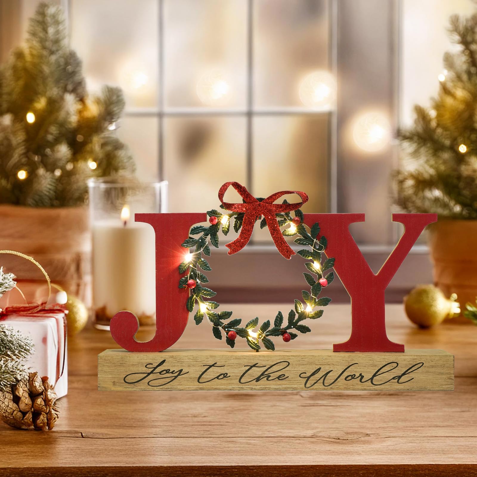 Panneau de Noël avec couronne pour O, éclairage LED rustique, décoration d'intérieur rustique, nœud en bois de ferme, panneau de décoration de Noël, cadeau