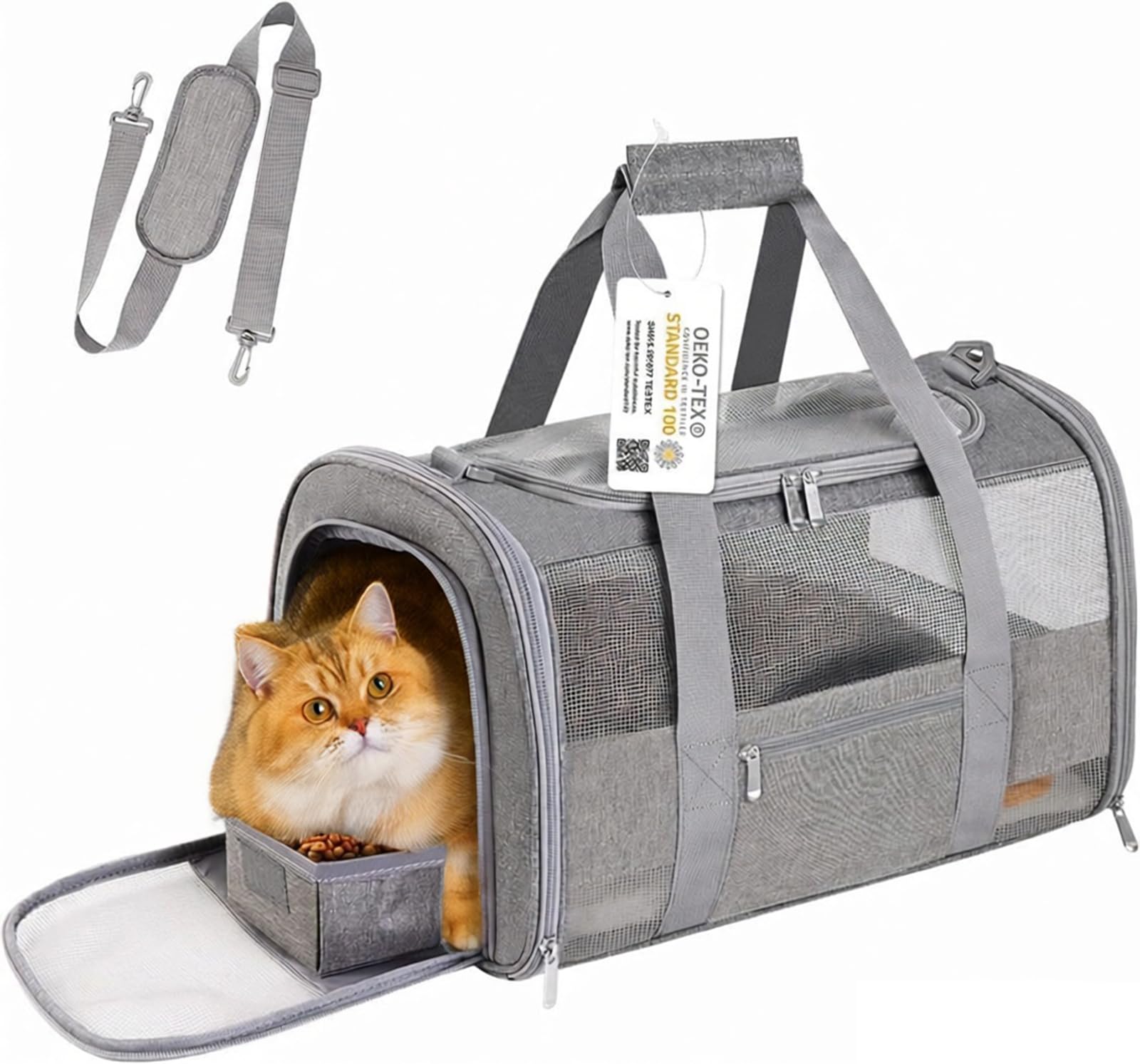 Soft-Sided Cat Carrier for Pets Up to 15lbs, Airline Approved Under-Seat Travel Carrier with Collapsible Bowl, Breathable Mesh & Removable Pad, Grey
