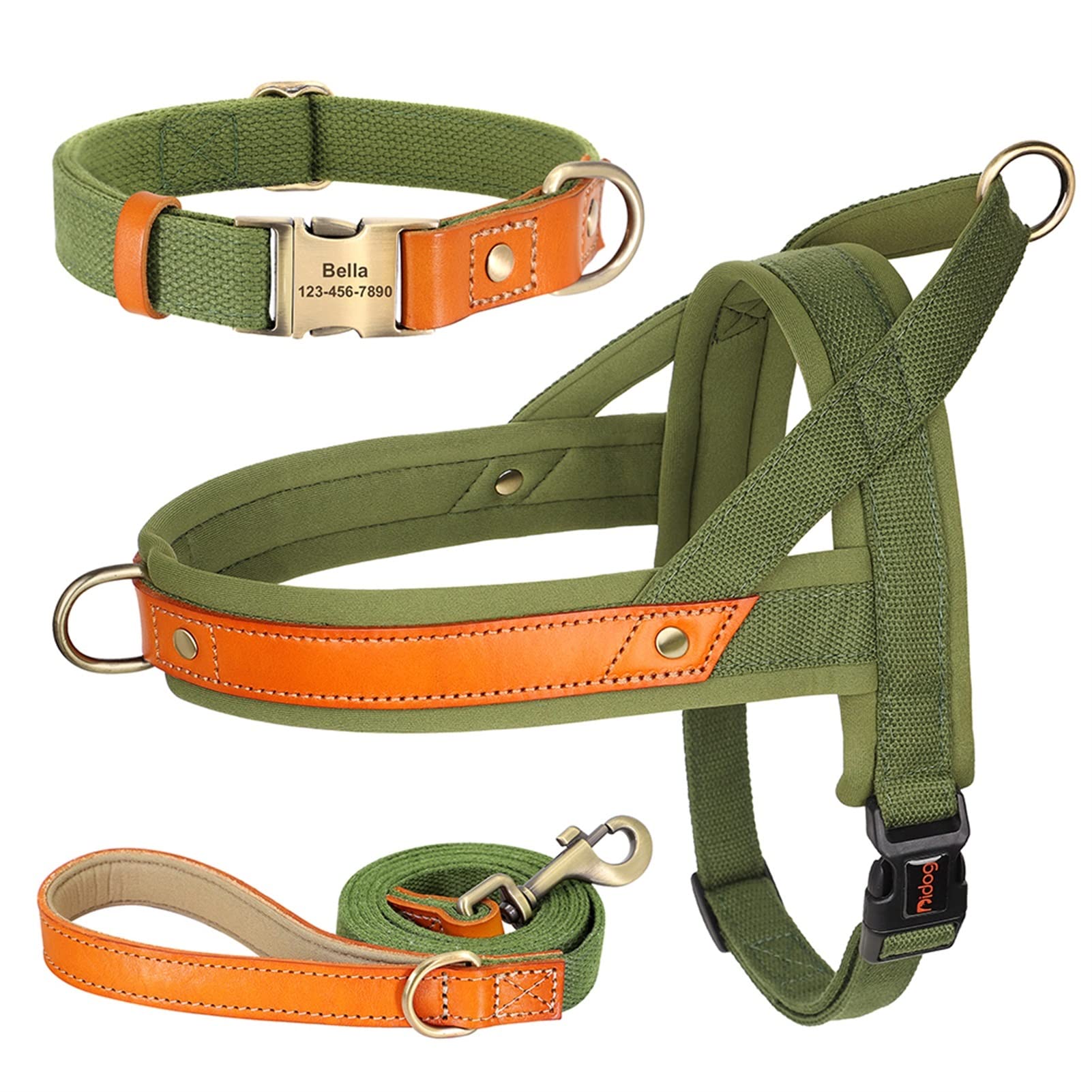 REYNEM Nylon Dog Collar Harness Leash Set No Pull Leather Puppy Dog Harness Pet Vest Strap For Small Medium Large Dogs French Bulldog (Color : Green 3 Set, Size : L)