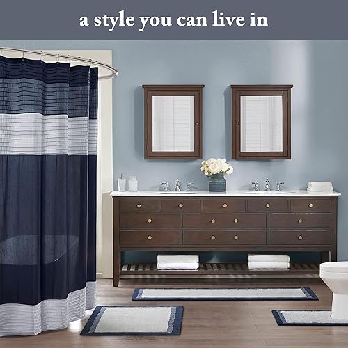 Miniatura 7 de Madison Park Amherst Cortina de Ducha para Baño de Seda Sintética con Piezas a Rayas Moderna Cortina de Baño de Microfibra, 72x72 Pulgadas, Azul