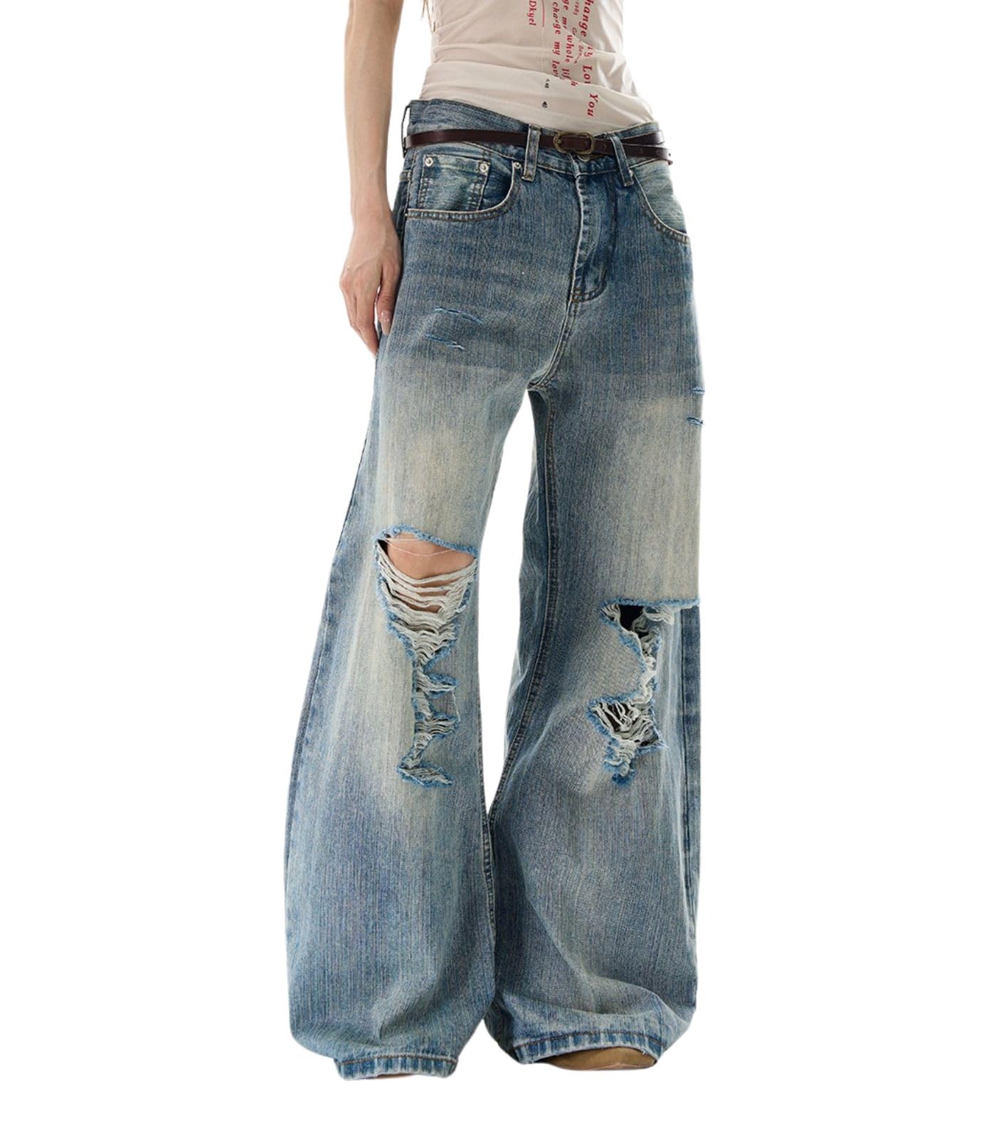 Lafaguw Baggy Jeans for Woman Men High Waisted Wide Leg Pants Y2K Grunge Streetwear Summer Emo Clothes, Blue8, Large