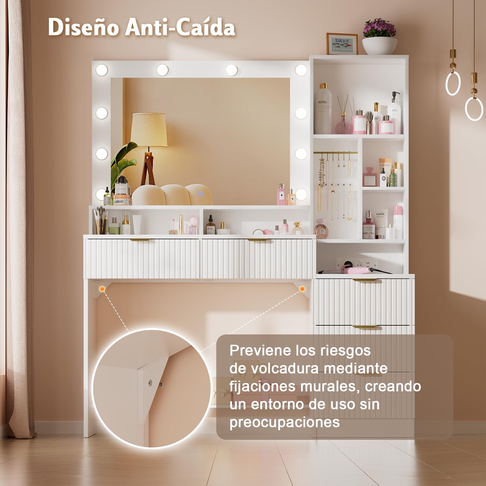 Airfish Tocador de Maquillaje con Espejo y Luz LED, Mesa de Maquillaje Grande con Enchufes, 12 Ganchos para Joyas y 5 Cajones, Tocador con Estantes Abiertos para Dormitorio, Moderno (Blanco)