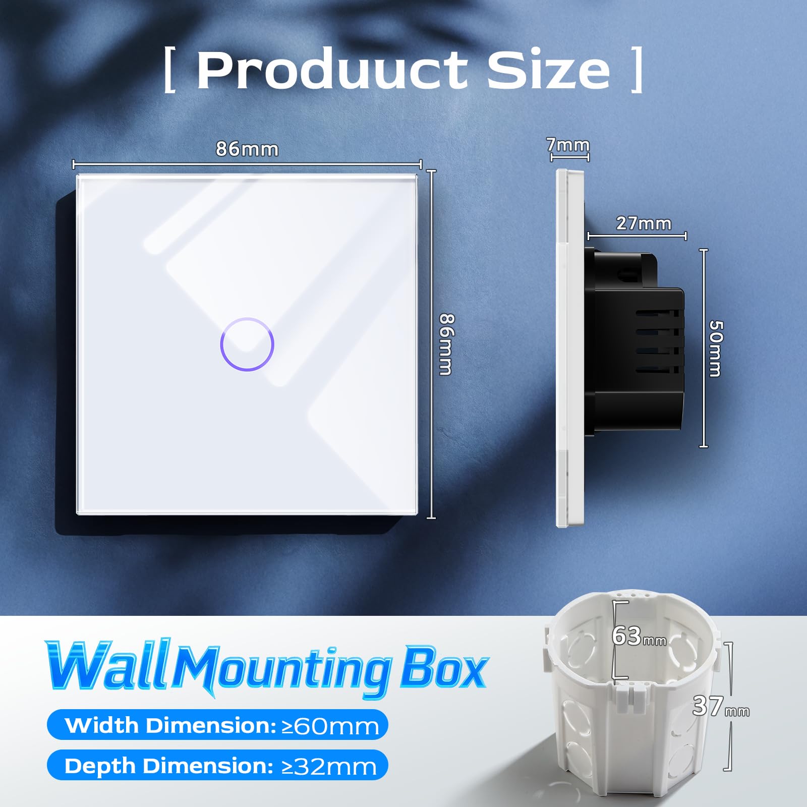 BSEED Interruptor de Luz 1 Gang 1 Vía,NO Interruptor WiFi,Interruptores tactil pared Blanco con indicador LED,Interruptores de luz con panel de vidrio templado,sin cable neutro