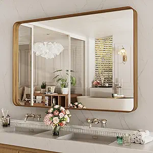 LOAAO 48X30 Inch Bathroom Mirror with Wood Grain Colored Metal Frame, Rounded Rectangle Metal Framed Bathroom Mirror, Anti-Rust, Hangs Horizontally or Vertically, Tempered Glass