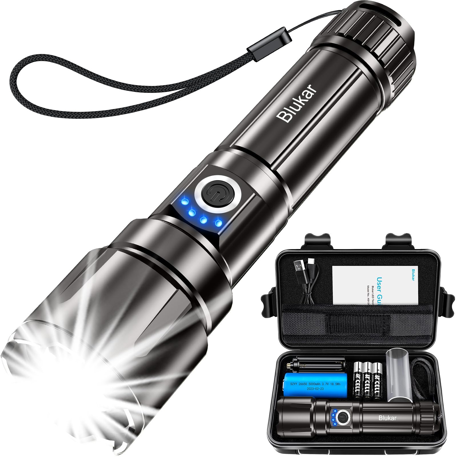 Blukar Flashlight Rechargeable, Super Bright Flashlights - Zoomable, 5 Light Modes, IP67 Waterproof, Powerful Long Lasting Handheld Flash Light for Emergencies-Space Gray
