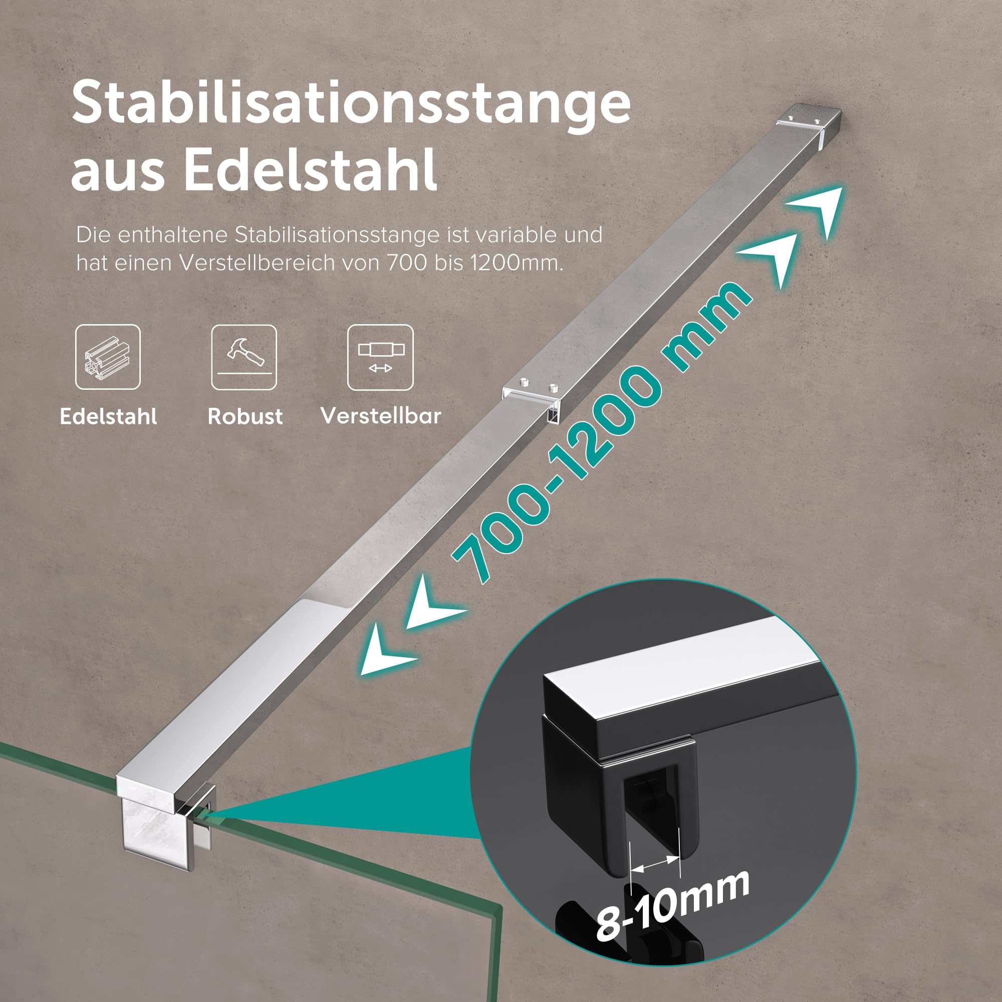 doporro Parete Doccia Walk in 130 cm Vetro 10mm Anticalcare Trasparente H 200 con Barra Stabilizzatrice Regolabile e Profilo Cromo - Bremen02K