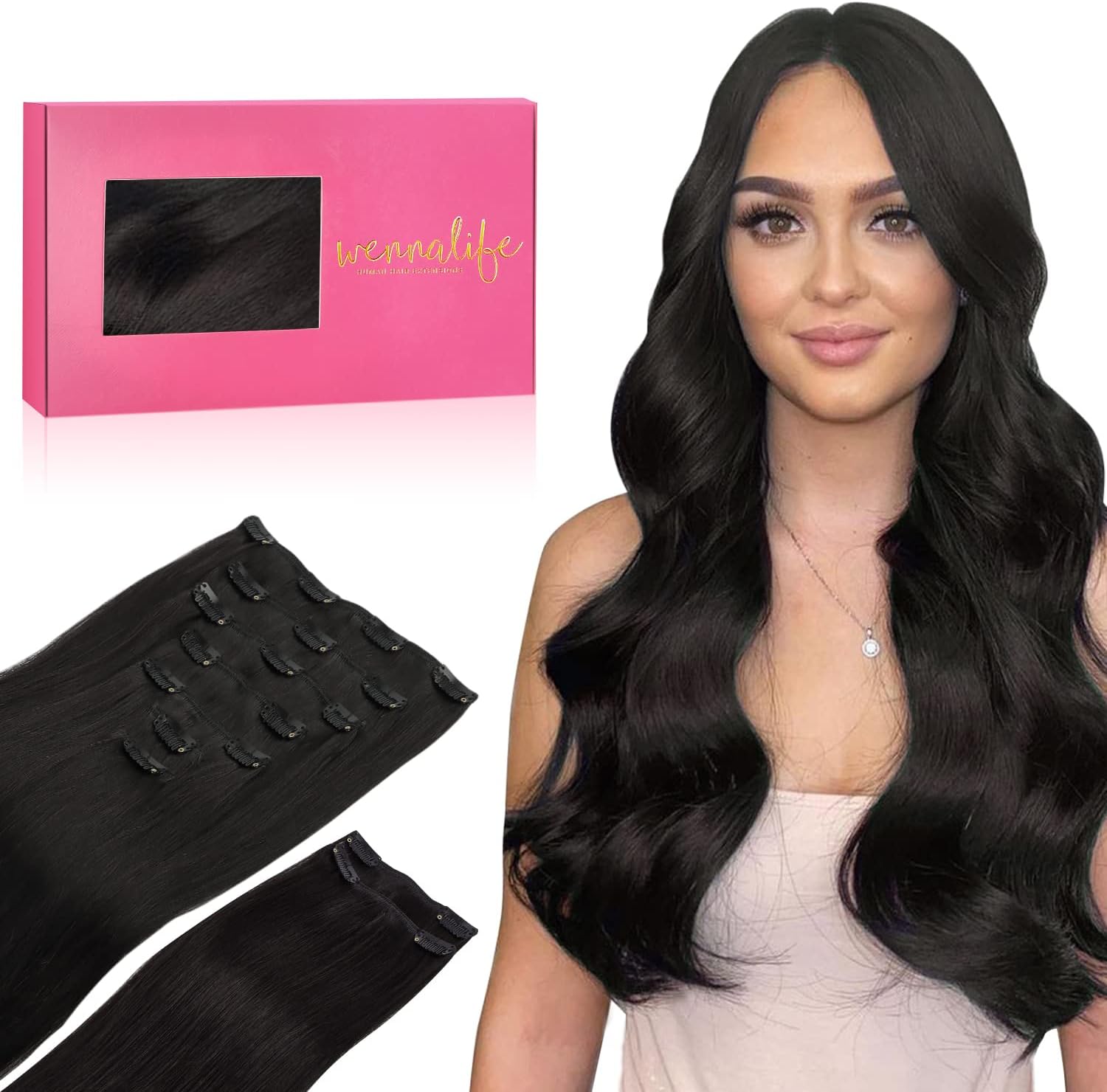 WENNALIFE Clip in Hair Extensions, 150g 20 Inch 9pcs Natural Black Human Hair Extensions Thicker Clip in Hair Extensions Real Human Hair Clip Set Double Weft