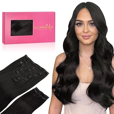 WENNALIFE Clip in Hair Extensions Real Human Hair, Natural Black Remy Hair Double Weft Extensiones