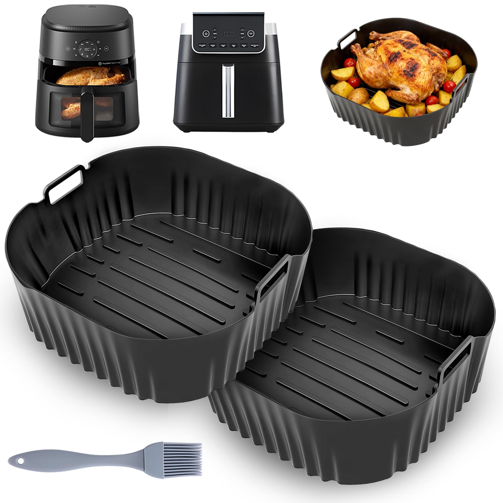 HA BIN 2 Piezas Molde Silicona Freidora de Aire 23cm – Accesorios Reutilizables Air Fryer, Recipiente/Bandeja de Silicona Compatible con Cosori 5,5L/6L/6,2L y Philips Serie 2000 NA230 6,2L XXL