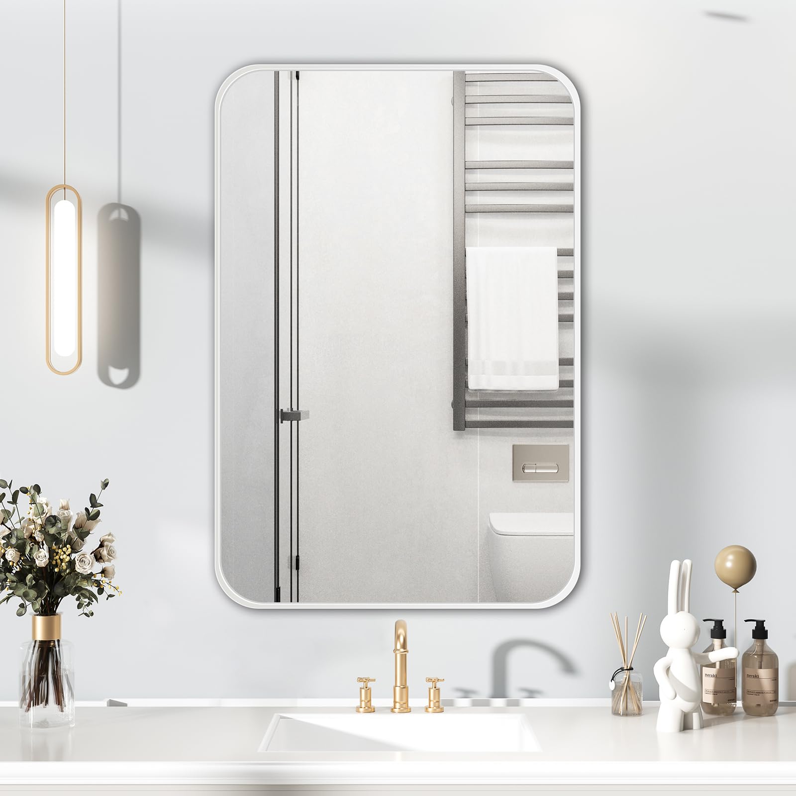 HIGHBATH White Frame Mirror 60 x 80 cm, Large Bathroom Wall Mirror, Rectangular Bathroom Wall Mounted Mirrors Hanging Horizontal/Vertical — image 1