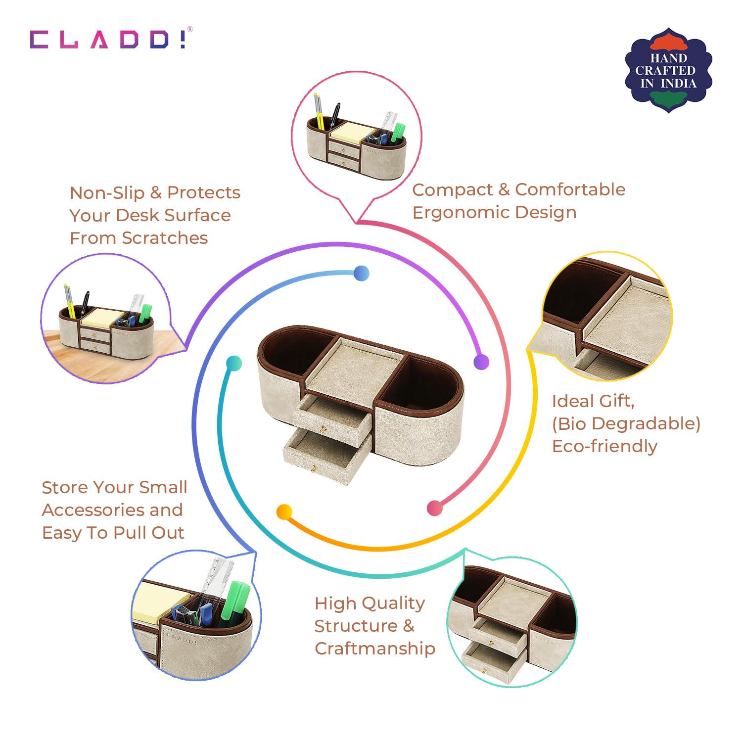CLADD! Organizador de escritorio de cuero vegano para suministros de papelería, ideal para uso en el hogar, oficina, cocina, maquillaje (crema)
