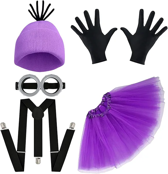 rasaro Purple Costume Accessories Set for Women – Beanie Hat, Tutu Skirt, Goggles, Suspenders & Black Gloves – Fun Halloween Cosplay Party Outfit
