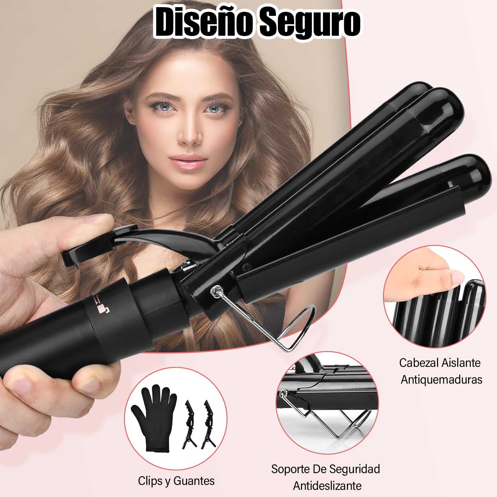 Rizador de Pelo 5 en 1 con 5 Accesorios Intercambiables, Rizador Pelo Ondas, Plancha Ondas de Cerámica, Temperatura Ajustable, Calentamiento Rápido, Rizador Tres Barriles para Rizos y Ondas