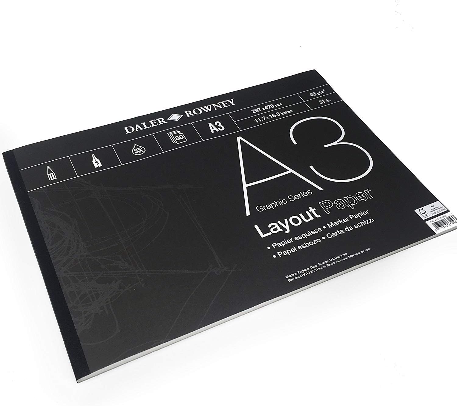 Daler Rowney – Layout Paper Pad – 45gsm – 80 Pages – A3 Landscape – Made in England