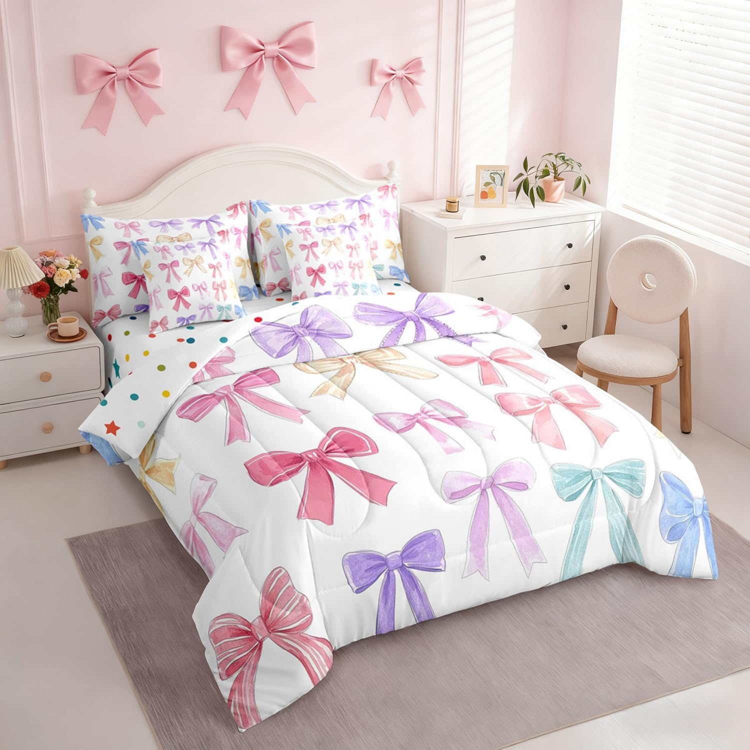 Girls Bow Bed In A Bag Colorful Bowknot 7 Pieces Bed Set Bedroom Decor For Women Girl Butterfly Ribbon Knot Comforter Set With Sheets,Lovely Dreamy Princess Style Bedding Preppy Room Decor (Twin)