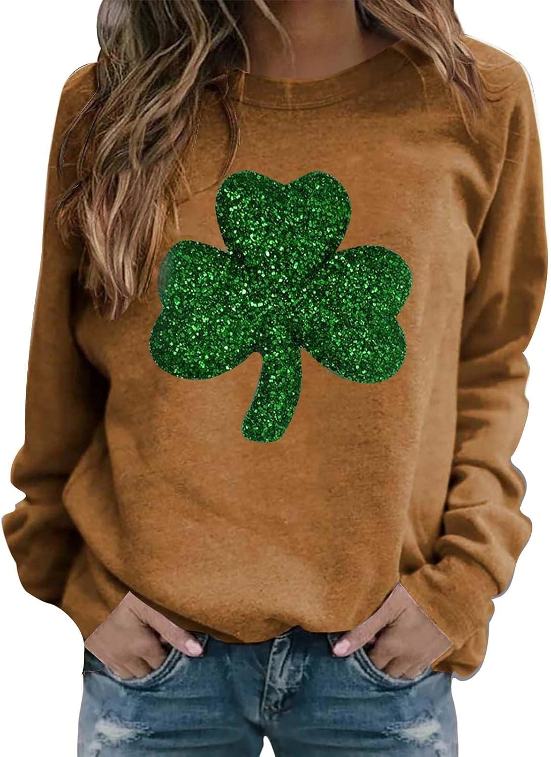 St Patricks Day Shirt for Women Crewneck Clover Print Sweatshirts Long Sleeve Loose Fit Holiday Tops