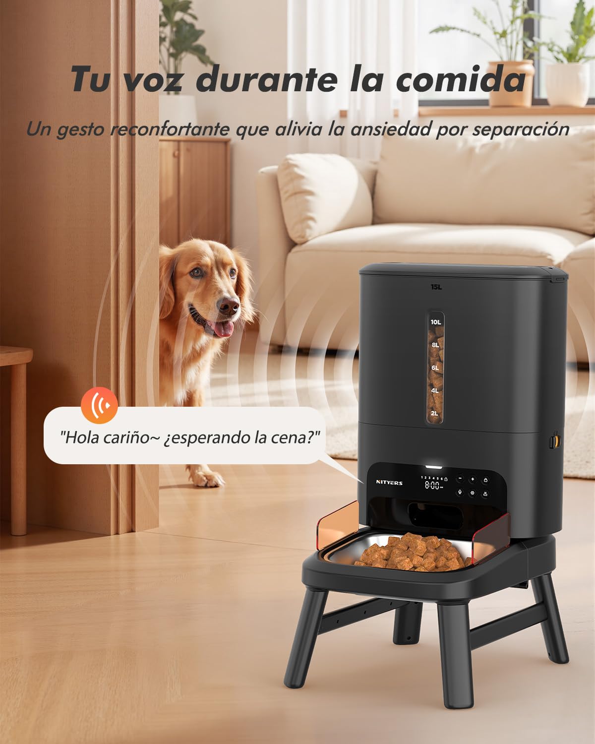 Comedero automático para Razas Grandes, 15L de Capacidad para Gato y Perro | Comedero automático 2-23mm, anti-atascos, soporte ajustable, grabación voz, doble alimentación, cuenco inox