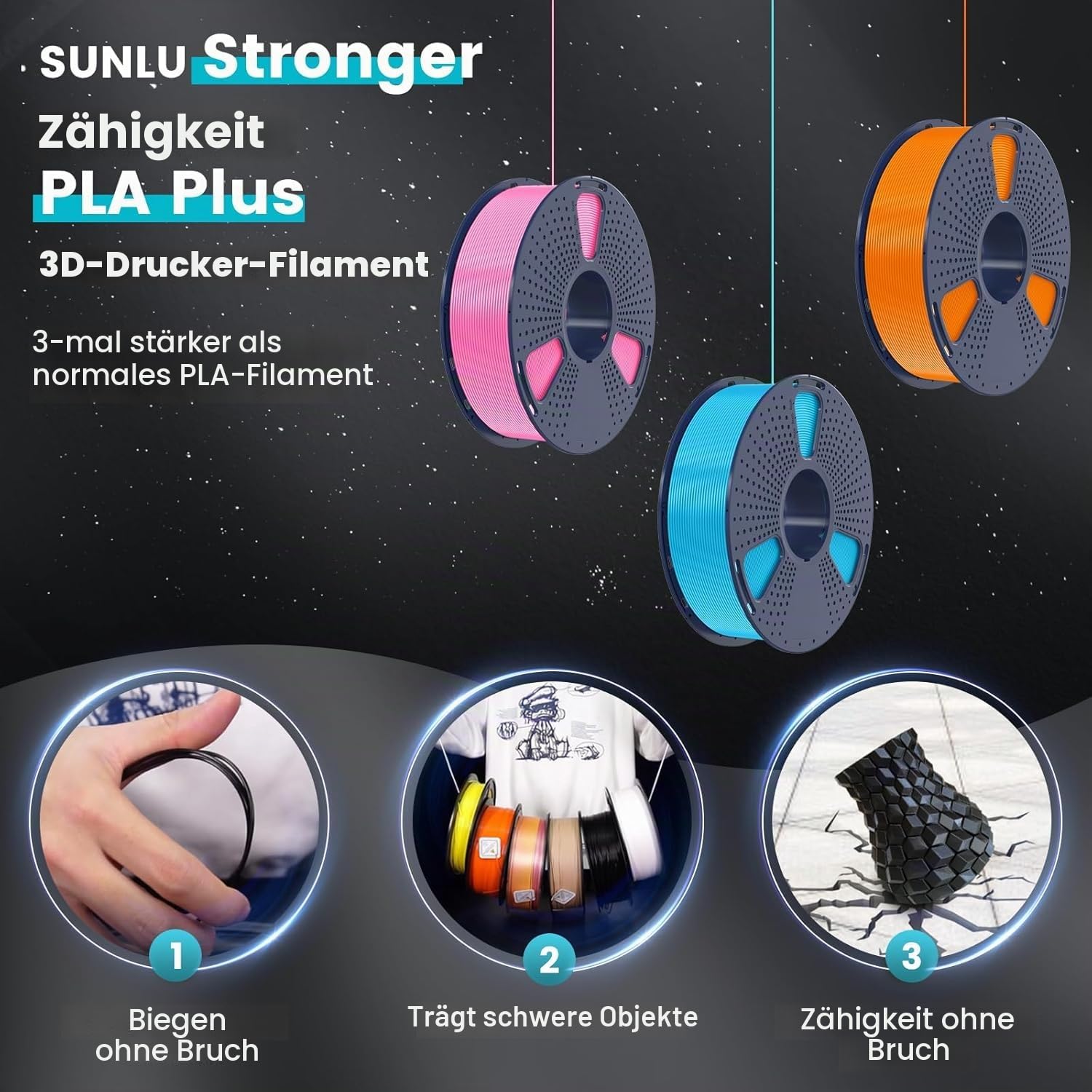 SUNLU PLA+ Filament 1.75mm, PLA Plus 3D Drucker Filament, Stärker belastbar, Neatly Wound, 1KG 3D Druck PLA+ Filament, Maßgenauigkeit +/- 0.02mm, Schwarz