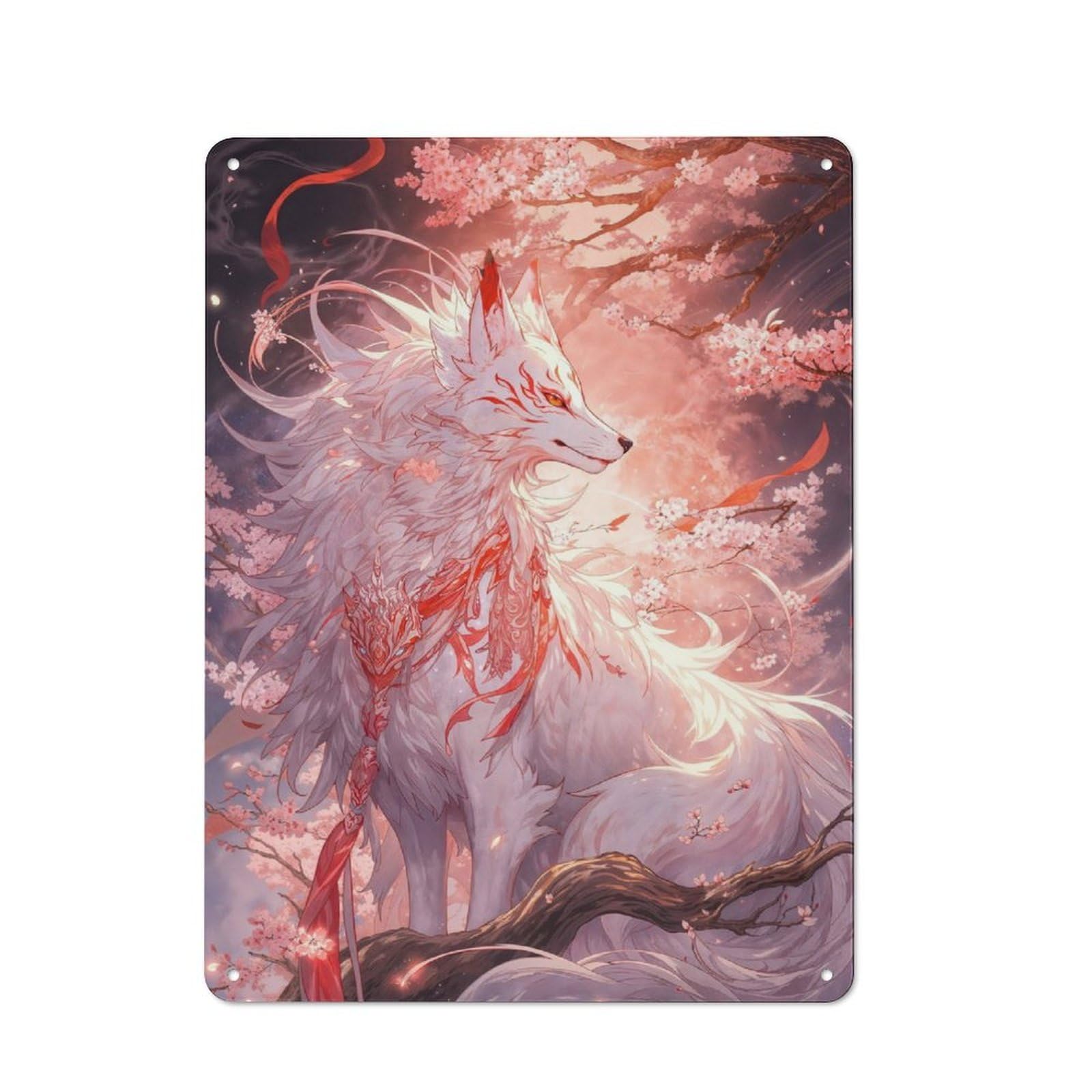 Junmoney White Kitsune Of Sakura Rustic Metal Sign 40X30cm Featuring For Living Room Wall, For Vintage Wall Decor Fans, For Metal Sign Collectors
