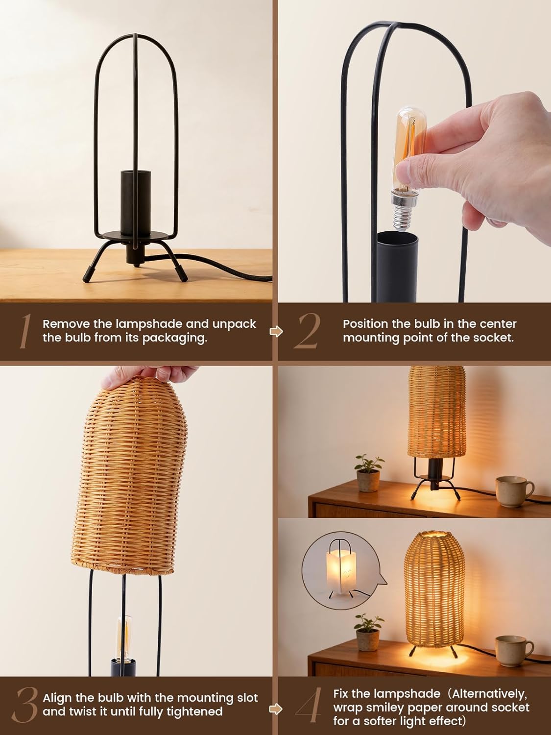 Kids Rattan Table Lamp, Boho Desk Lamp, Rocket Shape Handmade Small Bedside Lamp with 2200K 2W LED Bulb Included for Children's Bedroom, Nightstand, Living Room Decor (8.8”Tall)