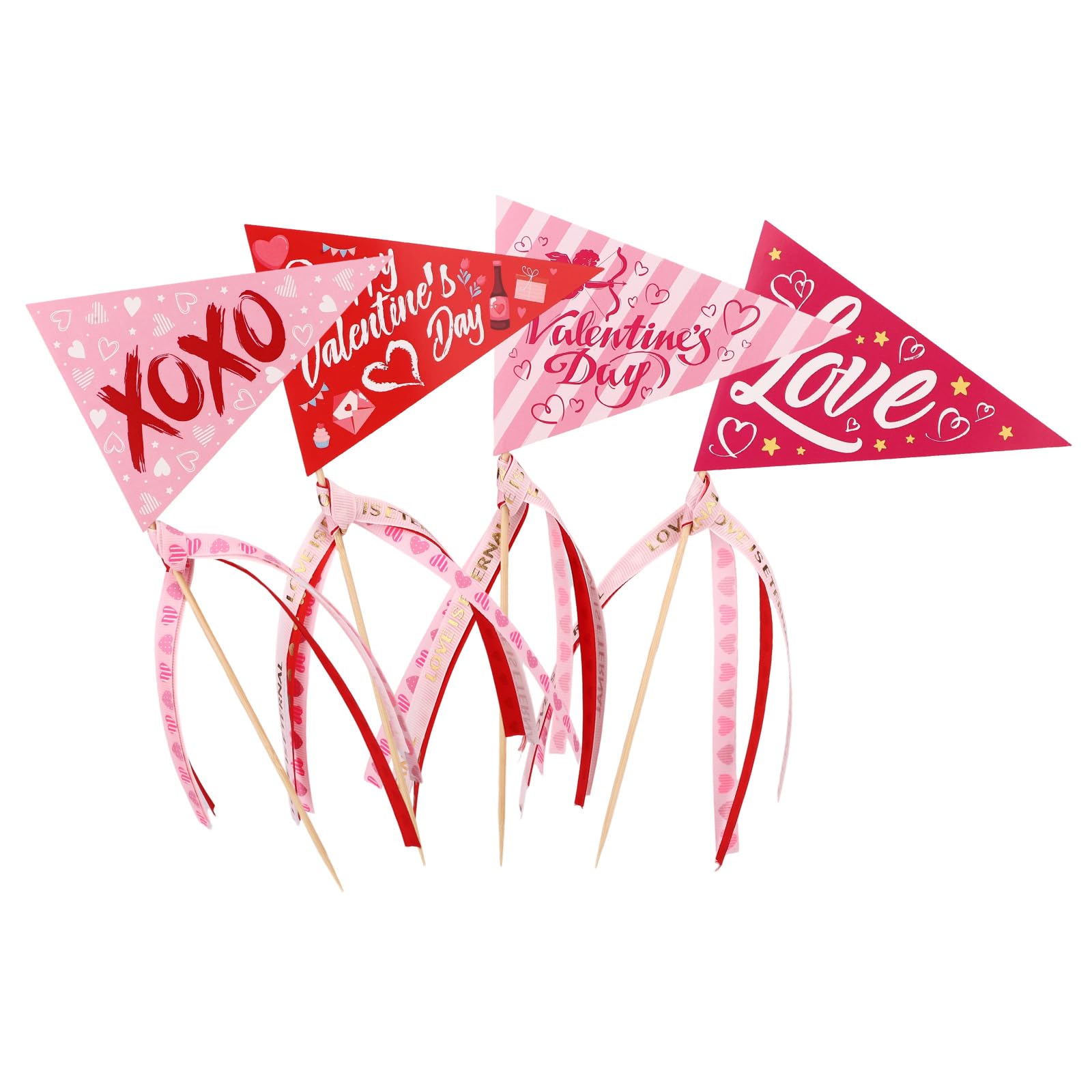 12pcs Valentine Triangle Flags, 4 Styles Colorful Paper Triangle Flags with Ribbons Funny Valentines Themed Party Decoration Supplies for Party Decor Photo Props