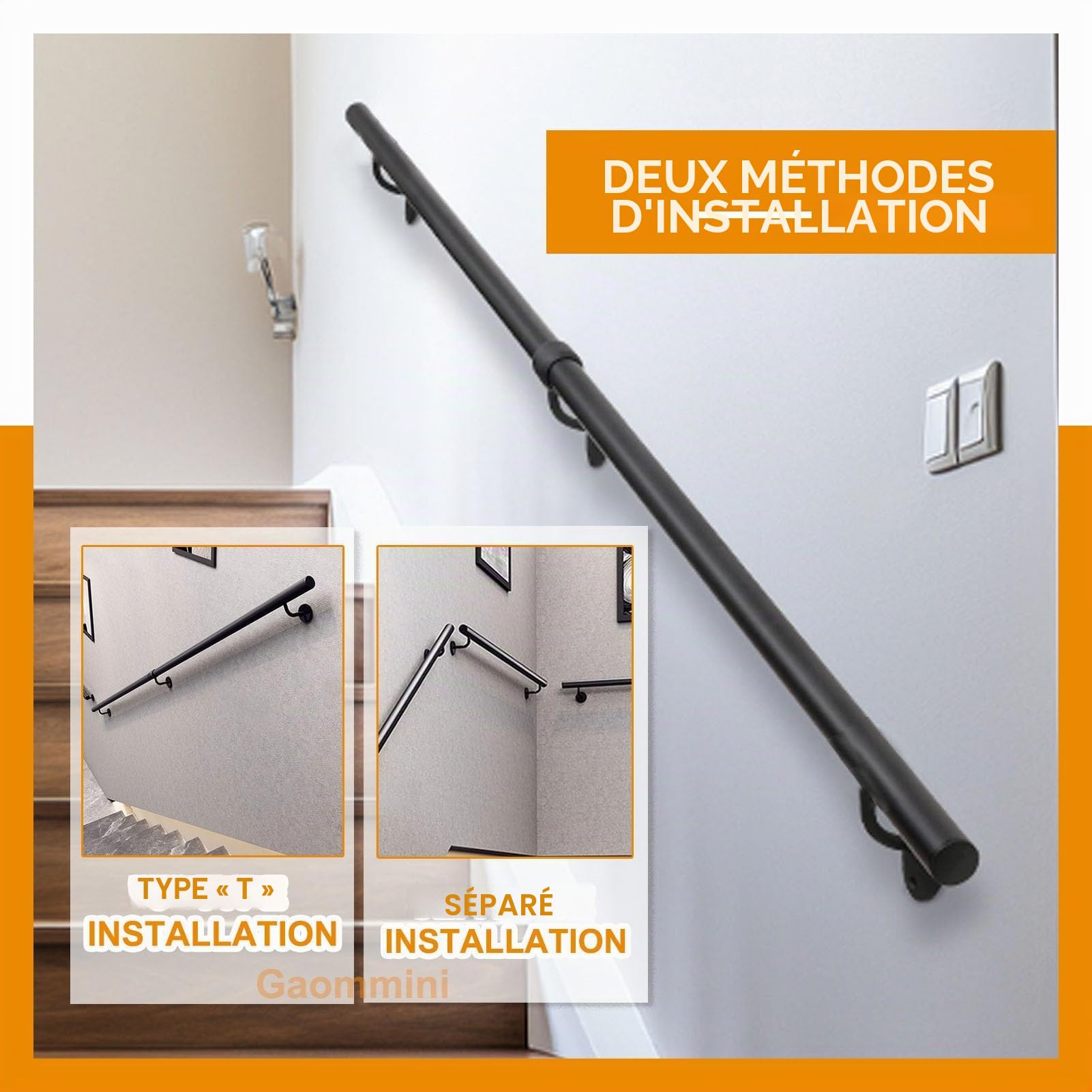 Main courante pour escaliers – 80cm, 1m, 120cm, 1,5m, 180cm, 2m, 240cm, 3m, rampe d'escalier pour la maison, la salle de bain, le couloir, les escaliers – Barre d'appui intérieure et extérieure(200cm)