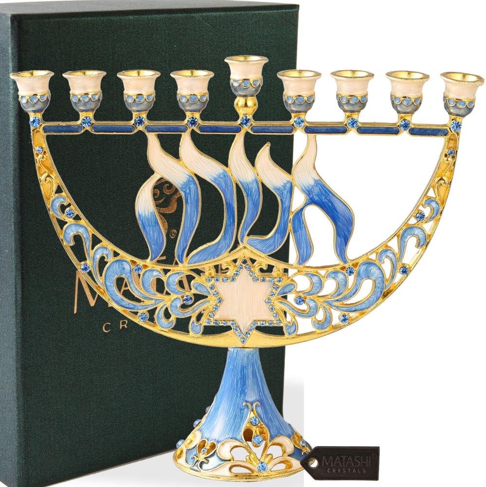 Matashi Hand Painted Enamel Menorah Candelabra with Star of David and Hanukkah Design and Embellished with Gold Accents and Crystals - Jewish Candle Holder, Holy Land Gift Showpiece for Living Room