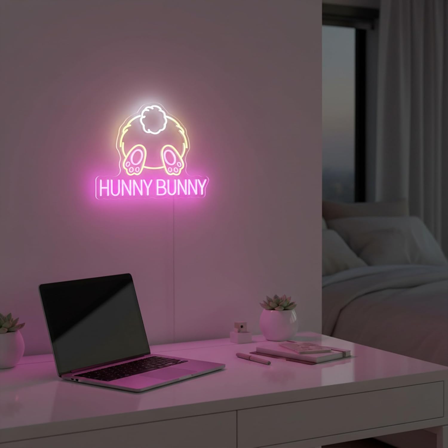 Hunny Bunny LED Neon Sign - Cute Rabbit Tail Wall Decor, Dimmable Warm White & Pink Night Light for Nursery, Kids Room, Playroom, Unique Easter Gift for Toddlers & New Moms