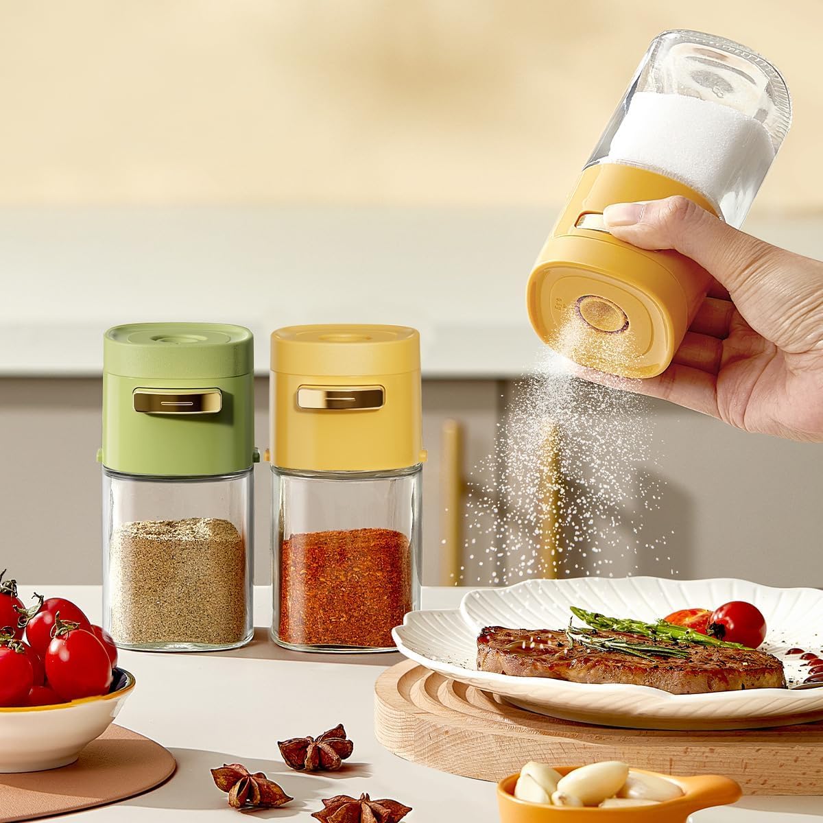 SKYTONE 2 PCS Salt and Pepper Shakers, Precise Quantitative Salt Shaker with Clear Glass - 0.5g Salt per Press, Salt and Pepper Set for Cooking Table Camping RV Outdoor BBQ (2) 4