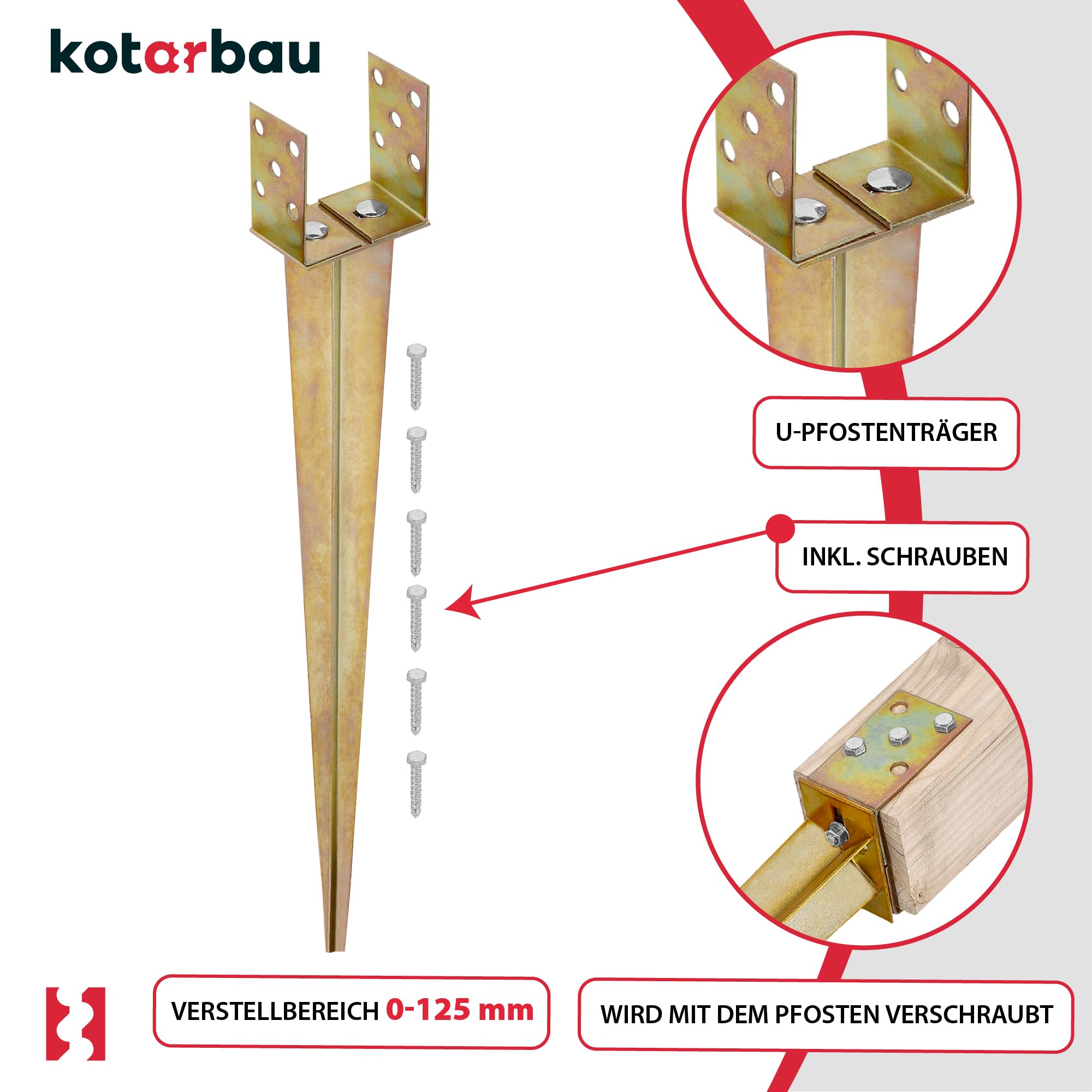 KOTARBAU® 2 Pièces Support de Poteau Réglable - 0-125 mm - Acier Galvanisé - 70 cm - Doré - Support Poteau a Enfoncer - Ancrage Balancoire - Ancre a Enfoncer - pour Poteaux Bois