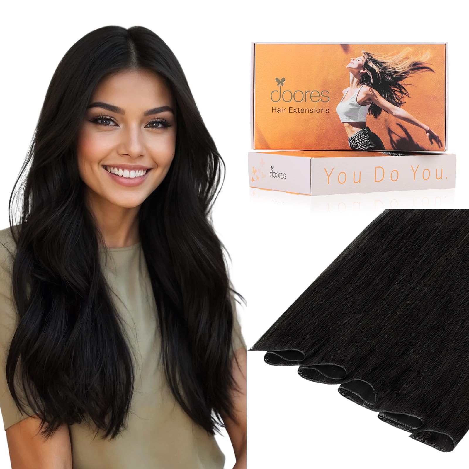 DOORES Sew in Hair Extensions Genius Sew in Weft Extensions for Women, 20 Inch Jet Black 60g, Virgin Real Hair Bundles