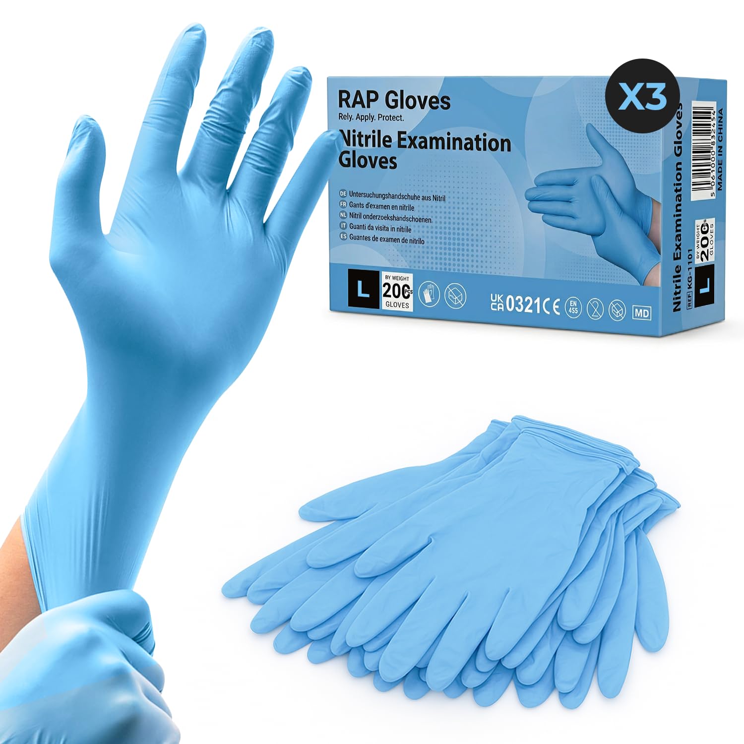 RAP Gloves Blue Nitrile Gloves Large - 600 Disposable Gloves Bulk Box Powder Free Latex Free - Tear Resistant Examination Gloves, Food Safe - for Care, Catering, Cleaning, Salon and Trade
