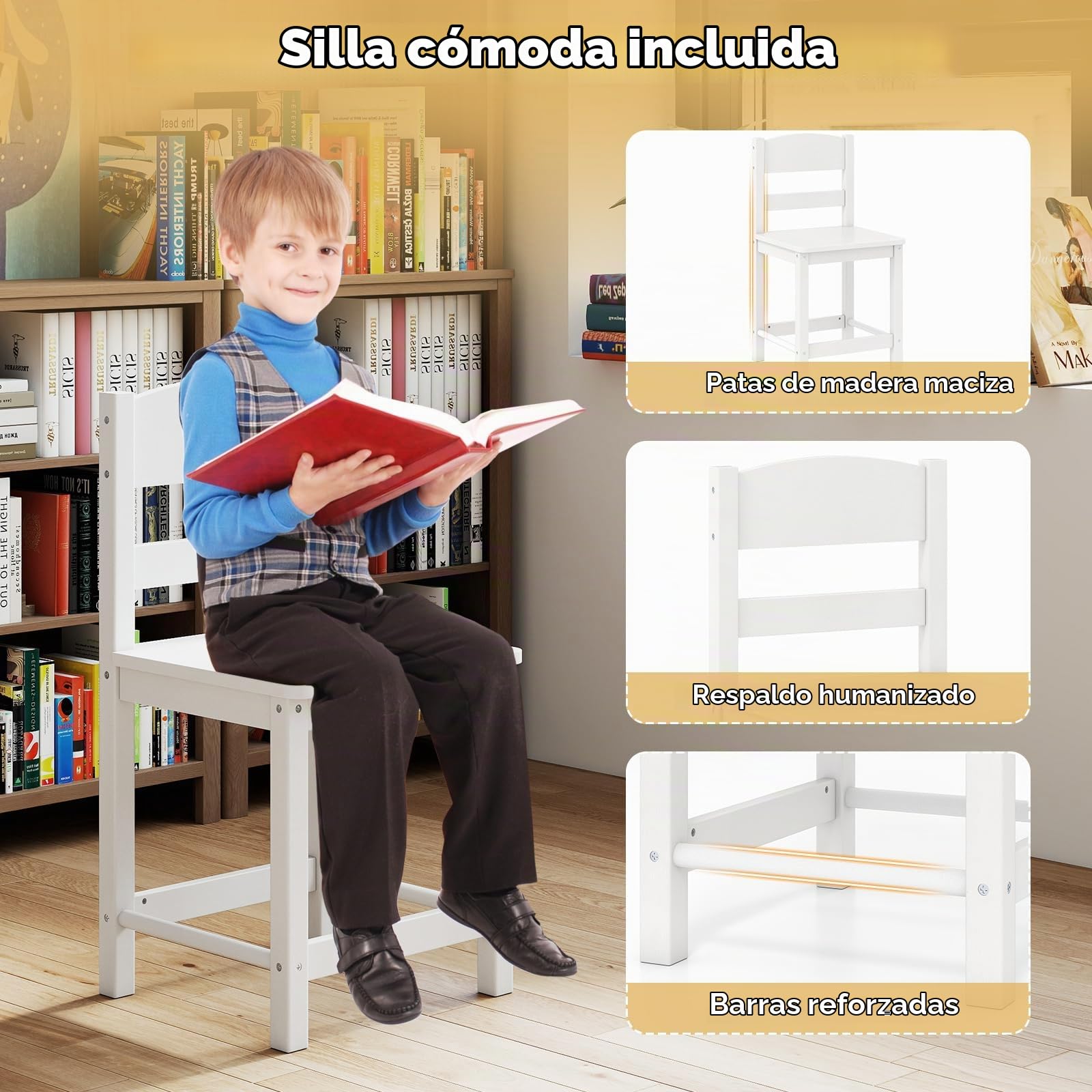 LIFEZEAL Juego de Escritorio y Silla para Niños, Conjunto de Mesa con Silla ergonómica, Escritorio Infantil con estantería para Libros y cajones para Estudio y Escuela, Edad 3-8 años (Blanco)