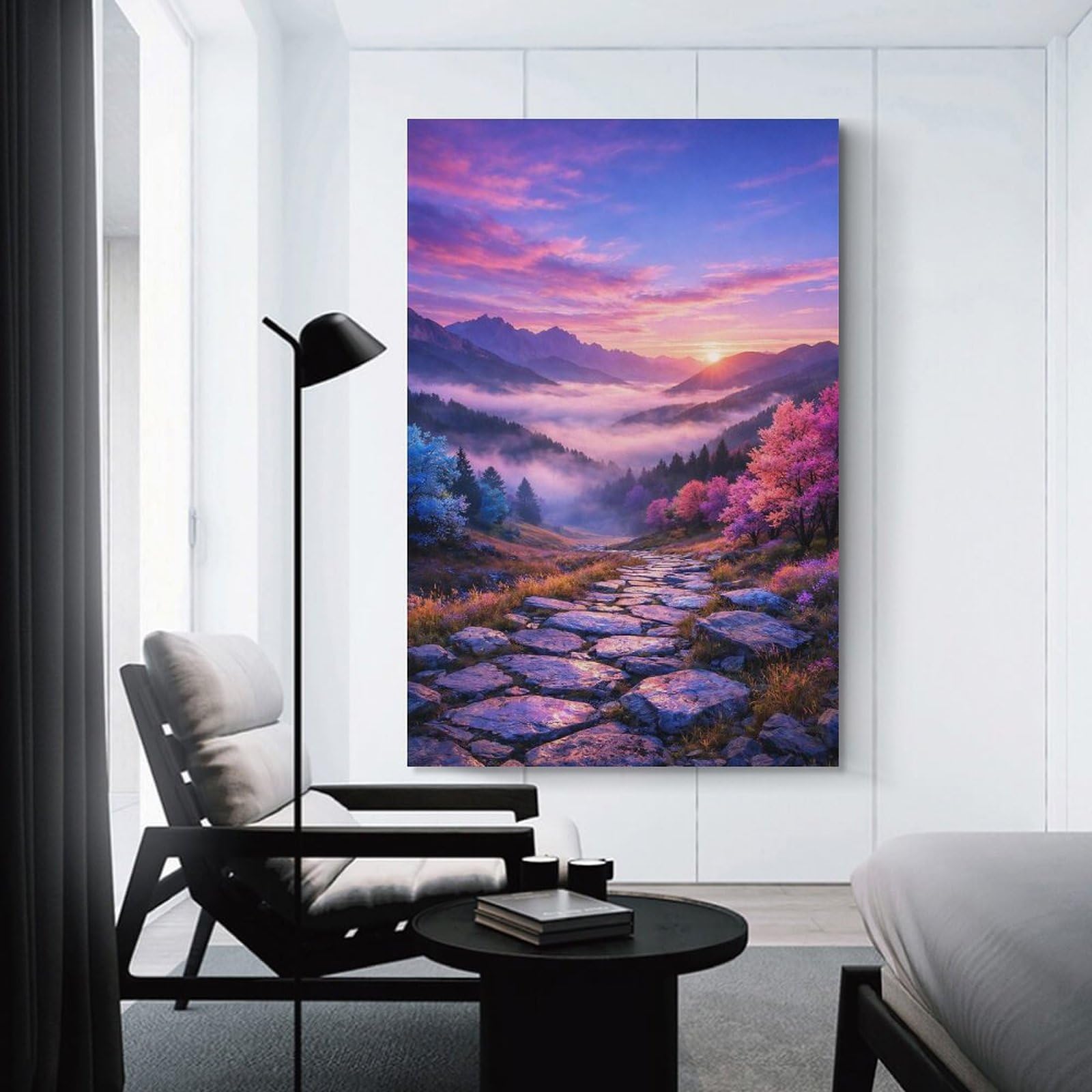 Junmoney Wall Art Print Sunset Glow over Misty Valley Path, 20x30inch(50x75cm), for Bedrooms, Workspaces And Everyday Interiors, Stylish Home Artwork for Focal Walls